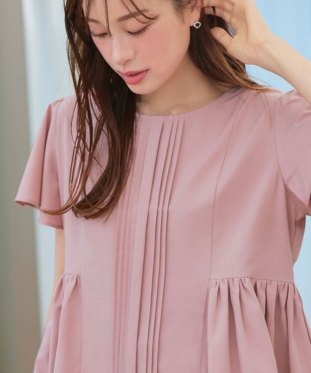 Tiaclasse 【洗える】ペプラムギャザーピンタックブラウス ピンク
