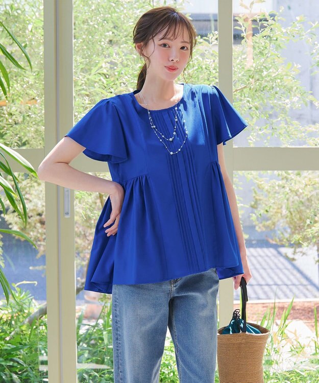 Tiaclasse 【洗える】ペプラムギャザーピンタックブラウス ブルー