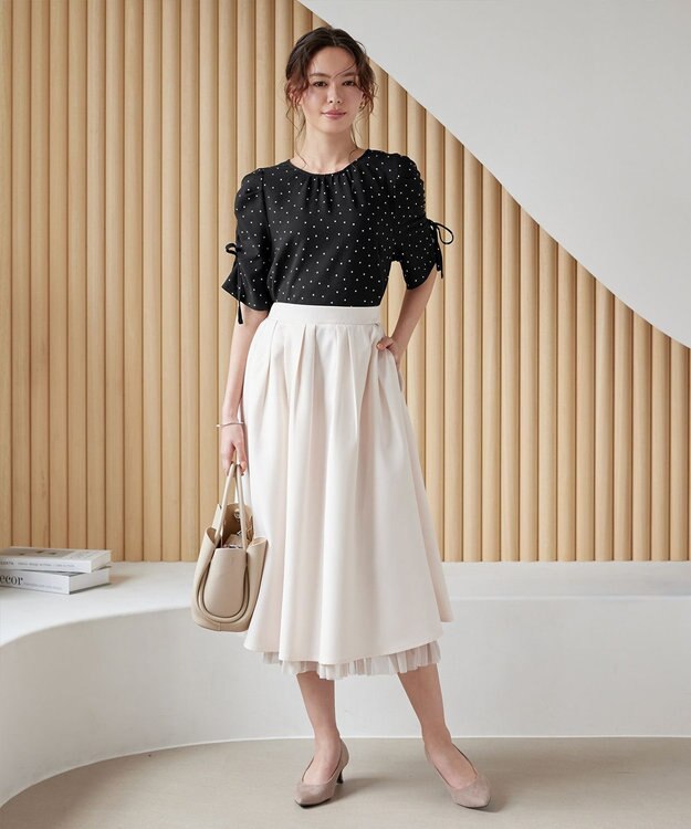 Tiaclasse 【洗える】ボリュームスリーブリボンブラウス ブラックドット