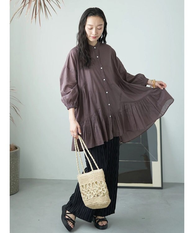 earth music&ecology コットンボイル切替ティアードチュニック Brown