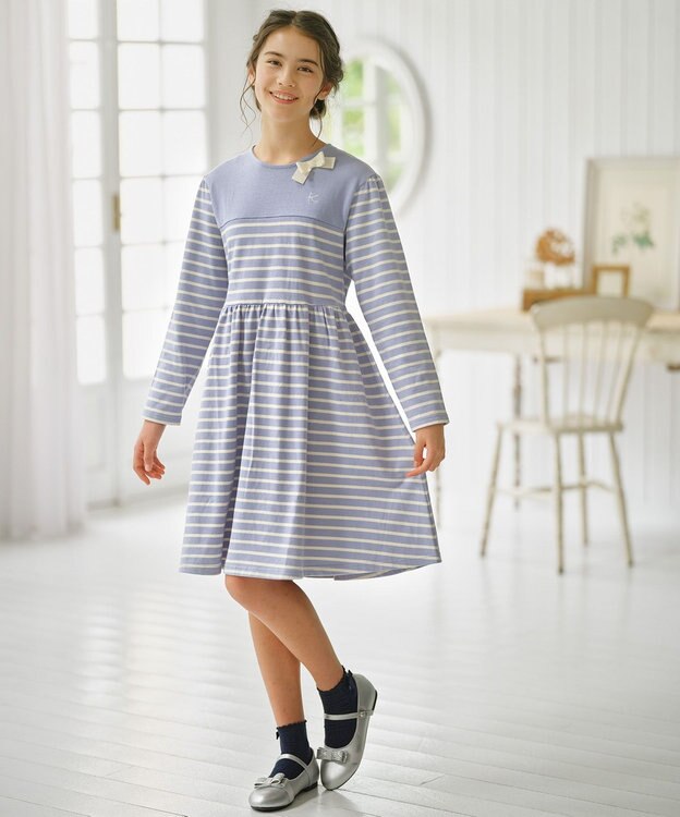組曲 KIDS 【150-160㎝】ボーダー ワンピース サックスブルー系1