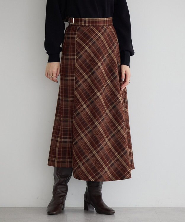 YECCA VECCA チェック柄アシメデザインスカート Brown