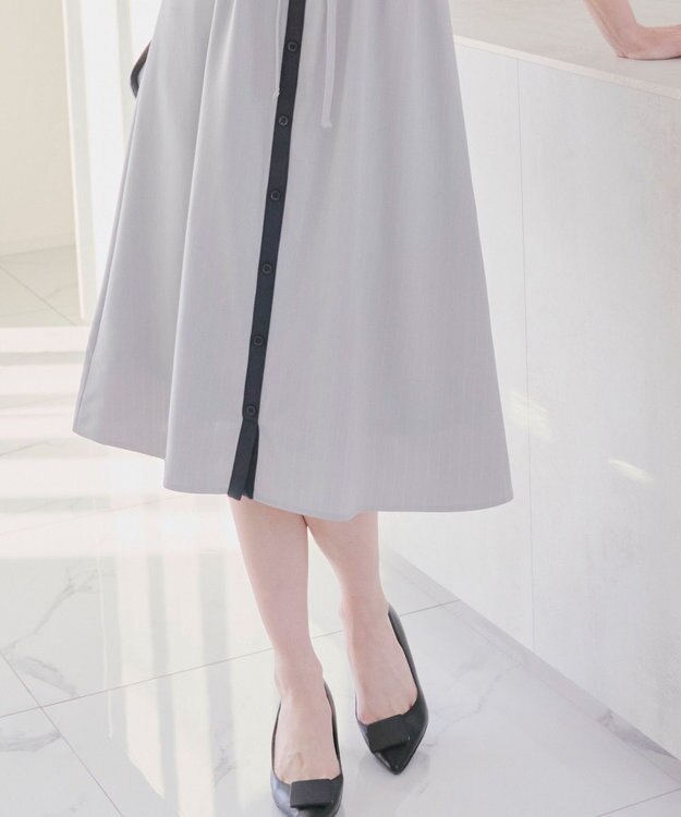 Tiaclasse L 【新色追加・洗える】配色キーネックストライプワンピース グレー×チャコール