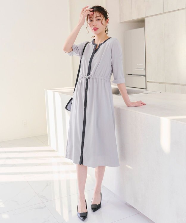 Tiaclasse L 【新色追加・洗える】配色キーネックストライプワンピース グレー×チャコール