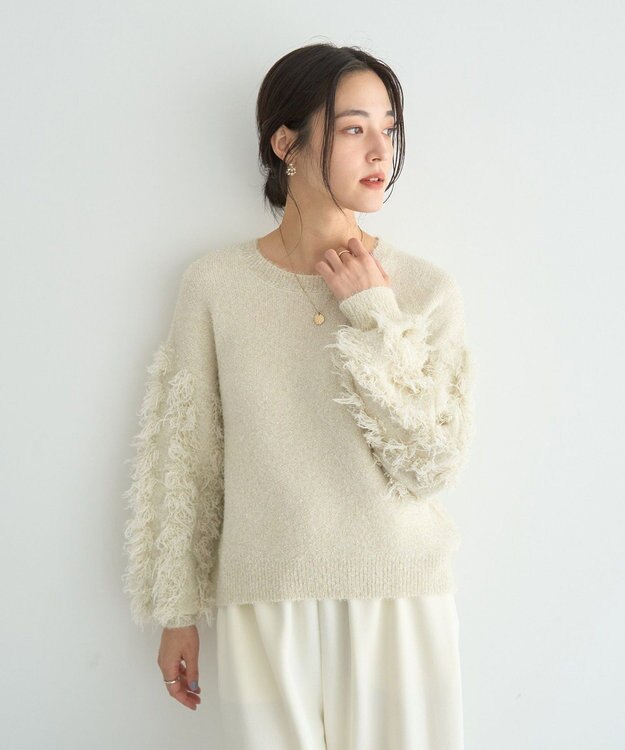 YECCA VECCA ラメフェザー袖フリンジニット Ivory