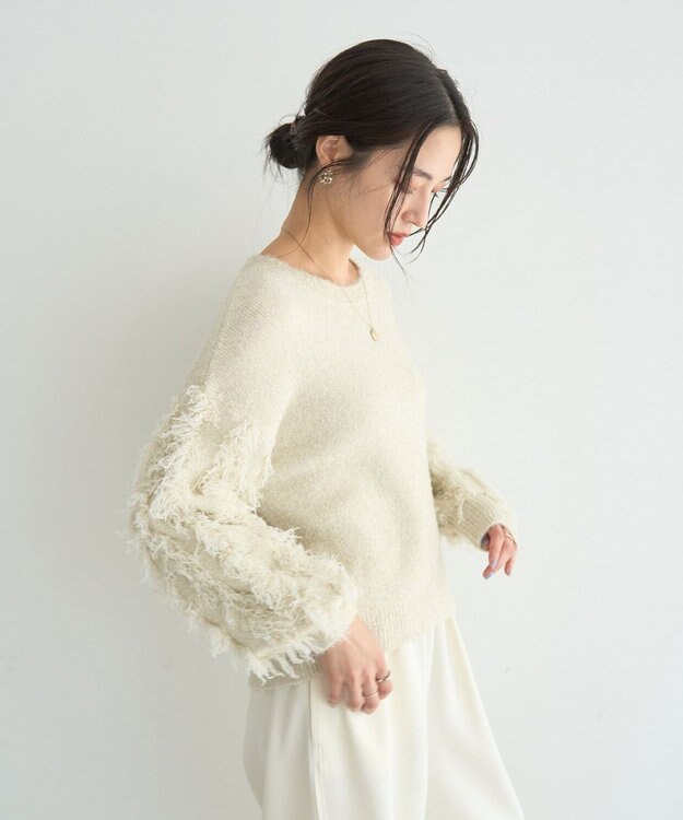 YECCA VECCA ラメフェザー袖フリンジニット Ivory