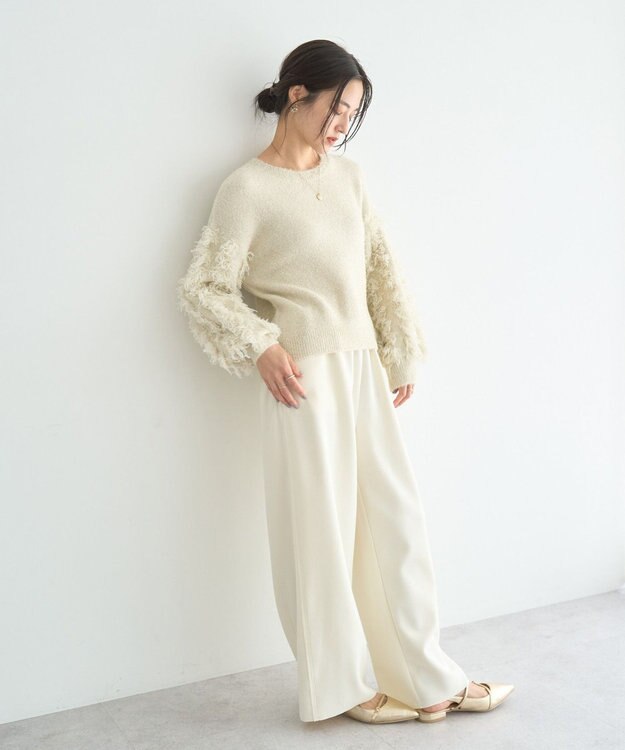 YECCA VECCA ラメフェザー袖フリンジニット Ivory