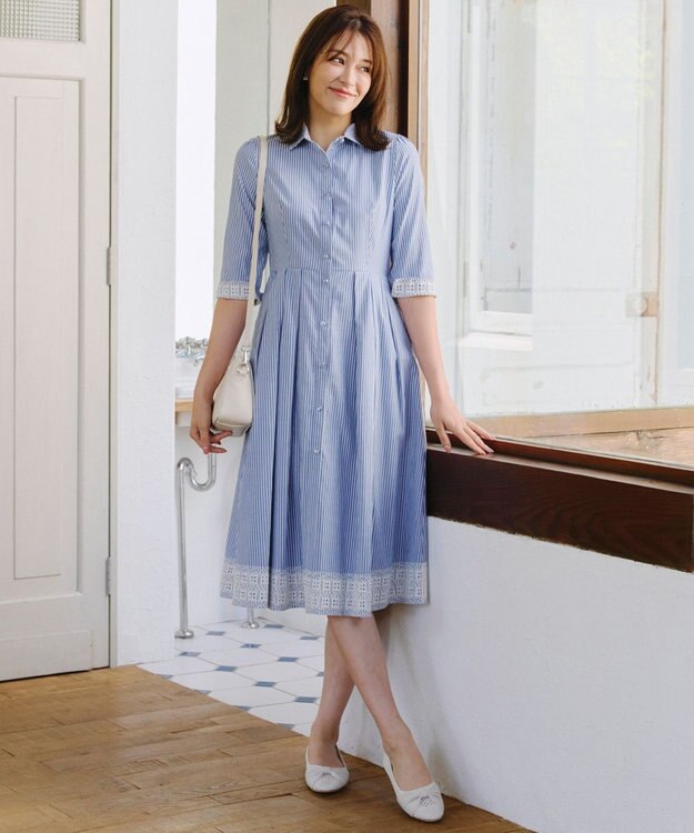 Tiaclasse L 【洗える】レースコンビシャツワンピース ブルーストライプ
