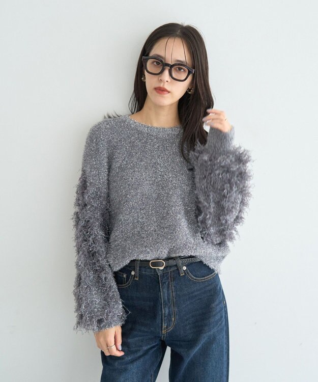 YECCA VECCA ラメフェザー袖フリンジニット Charcoal Gray
