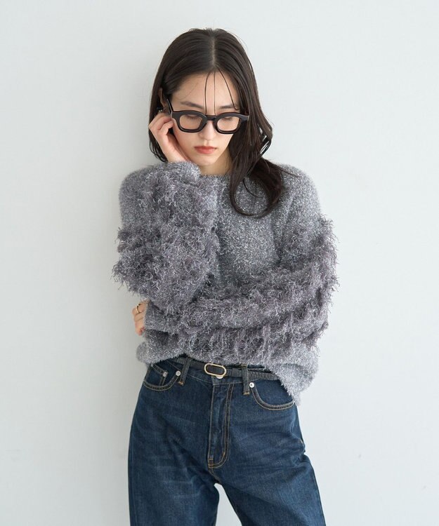 YECCA VECCA ラメフェザー袖フリンジニット Charcoal Gray