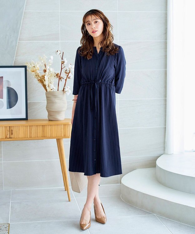 Tiaclasse L 【新色追加・洗える】配色キーネックストライプワンピース ネイビー×ネイビー