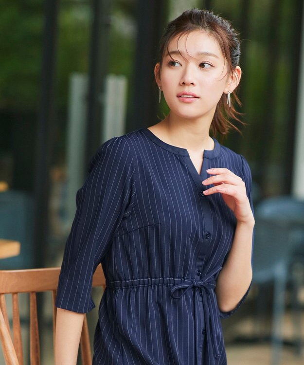 Tiaclasse L 【新色追加・洗える】配色キーネックストライプワンピース ネイビー×ネイビー