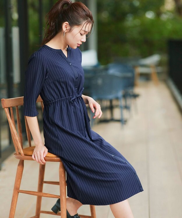 Tiaclasse L 【新色追加・洗える】配色キーネックストライプワンピース ネイビー×ネイビー