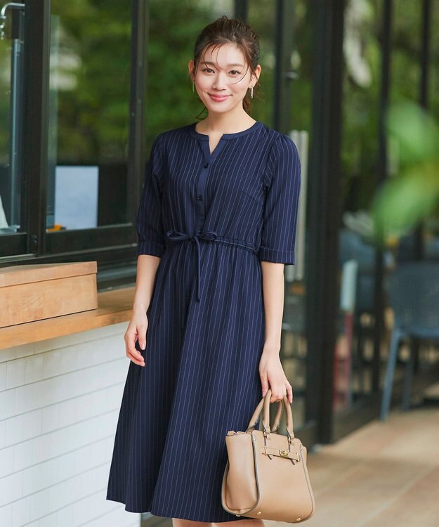 Tiaclasse L 【新色追加・洗える】配色キーネックストライプワンピース ネイビー×ネイビー