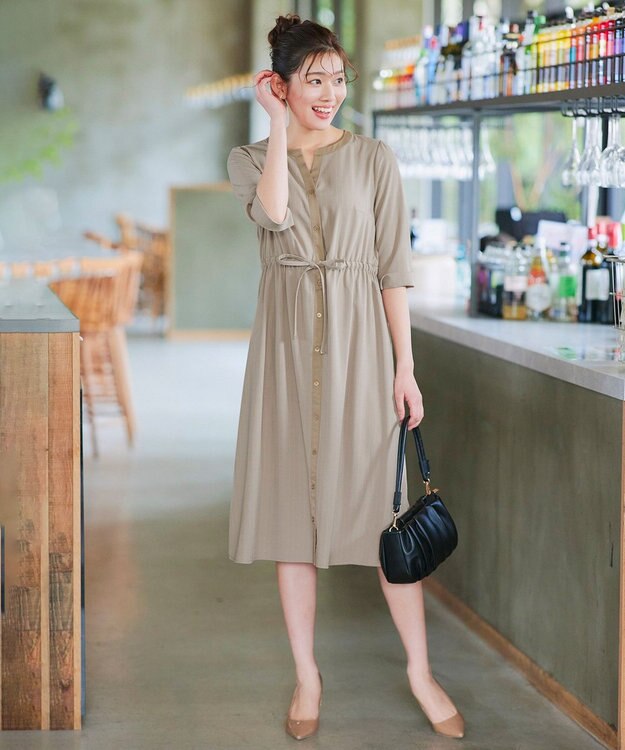 Tiaclasse L 【新色追加・洗える】配色キーネックストライプワンピース ライトベージュ×ベージュ