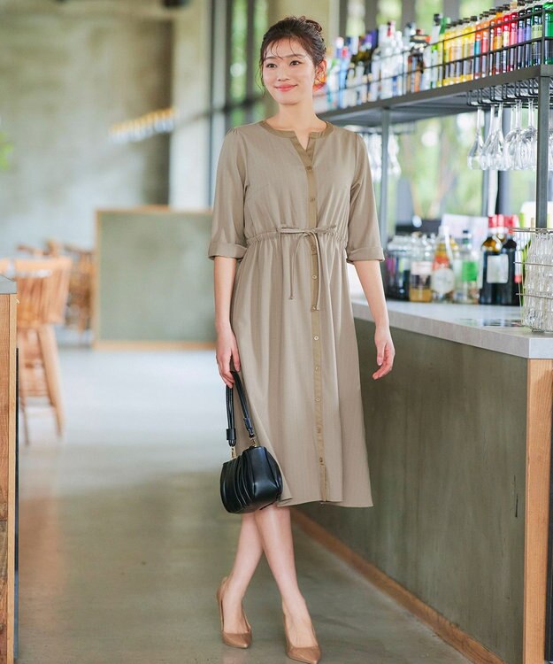 Tiaclasse L 【新色追加・洗える】配色キーネックストライプワンピース ライトベージュ×ベージュ