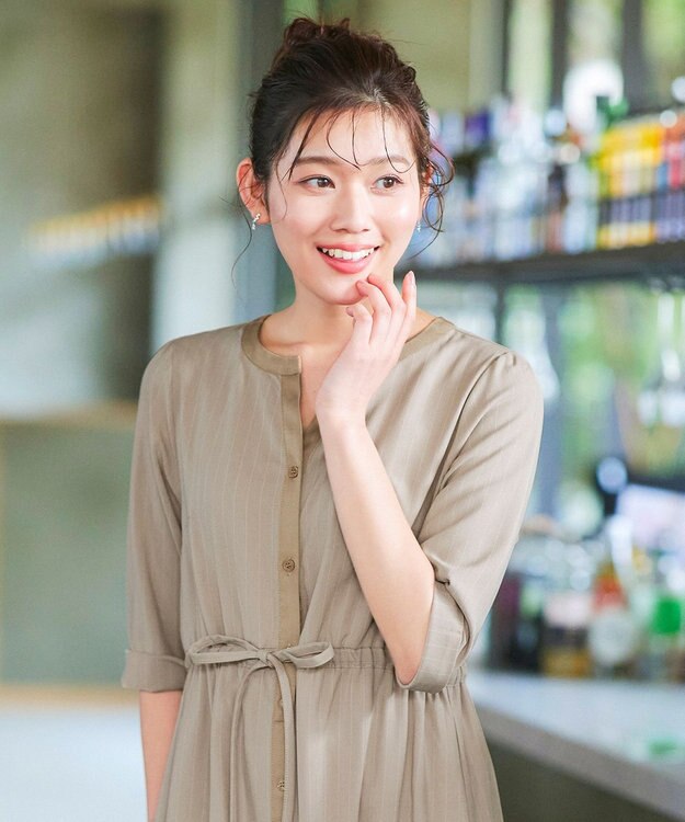 Tiaclasse L 【新色追加・洗える】配色キーネックストライプワンピース ライトベージュ×ベージュ