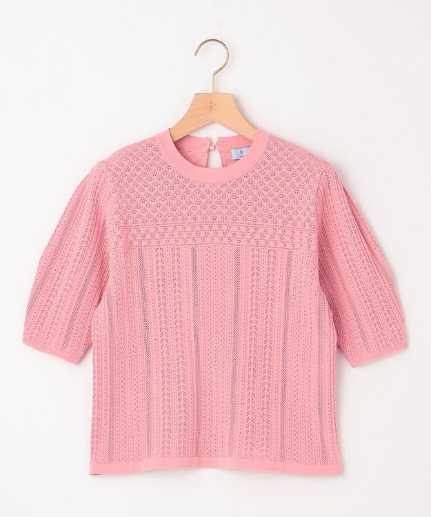 組曲 L 【WEB限定】編地切り替え 半袖ニット ピーチ系