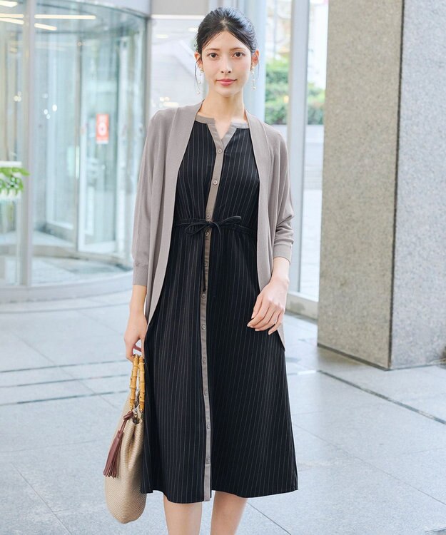 Tiaclasse L 【新色追加・洗える】配色キーネックストライプワンピース ブラック×グレージュ