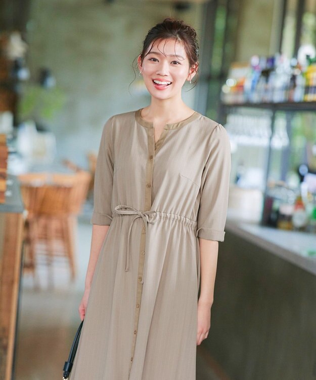 Tiaclasse L 【新色追加・洗える】配色キーネックストライプワンピース ライトベージュ×ベージュ