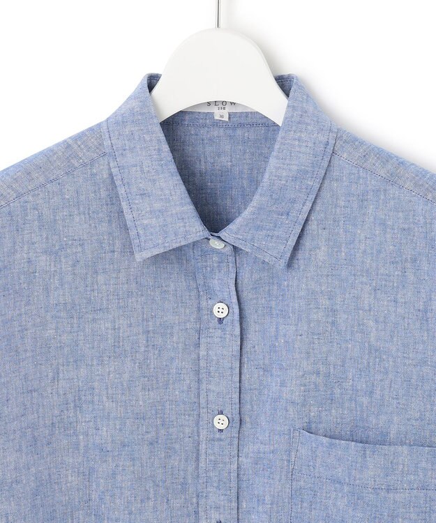 23区 【SLOW/洗える】リネンコットン 半袖クロップドシャツ ブルー系