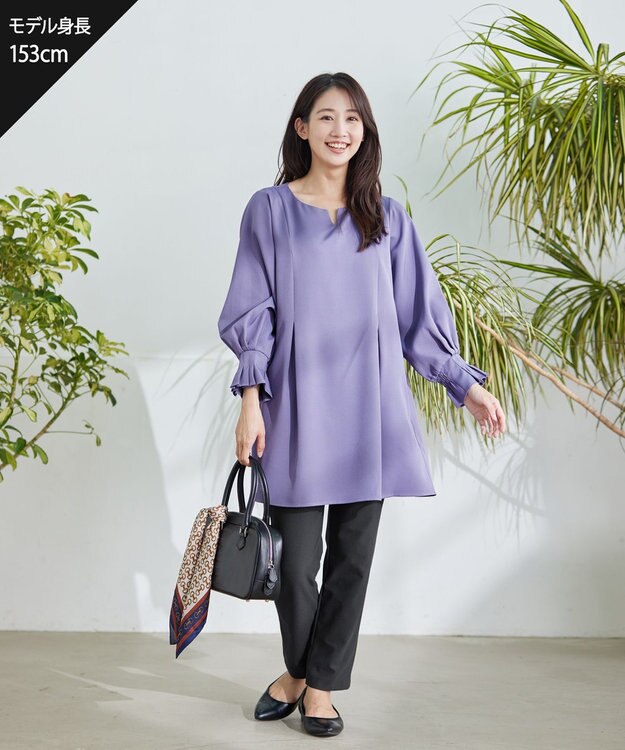 Tiaclasse 【洗える】プリーツパフ袖チュニックブラウス パープルグレー