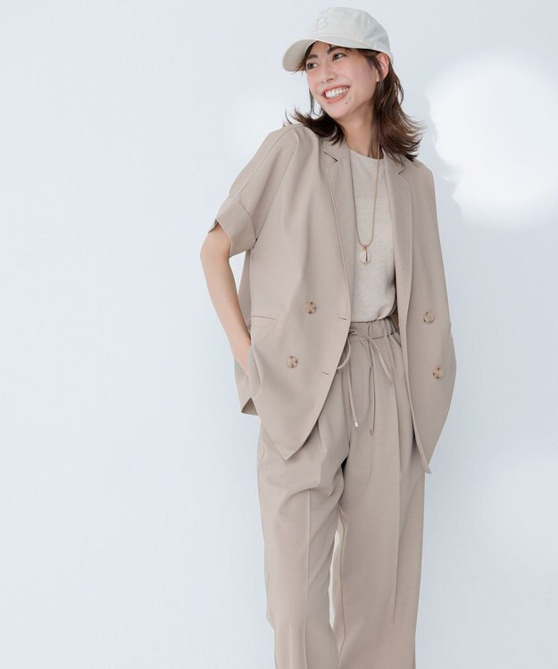 ANY 【洗濯機可/セットアップ可/UVケア/速乾/イージーケア】サラサラテックリネン半袖テーラードジャケット グレージュ