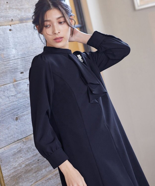 Tiaclasse L 【ダブルクロス】【洗える】フリルドレープワンピース ネイビー