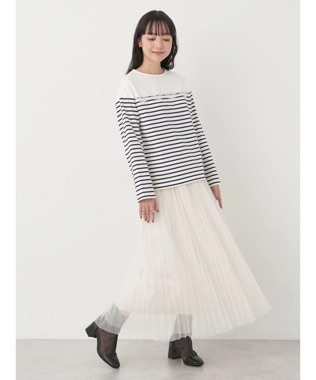 earth music&ecology レースボーダーカットソープルオーバー Navy