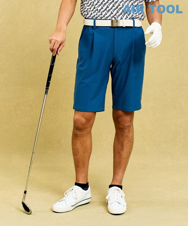 23区GOLF 【MEN】機能に優れた新素材「AIR TOOL」ワンタックショートパンツ サックスブルー系