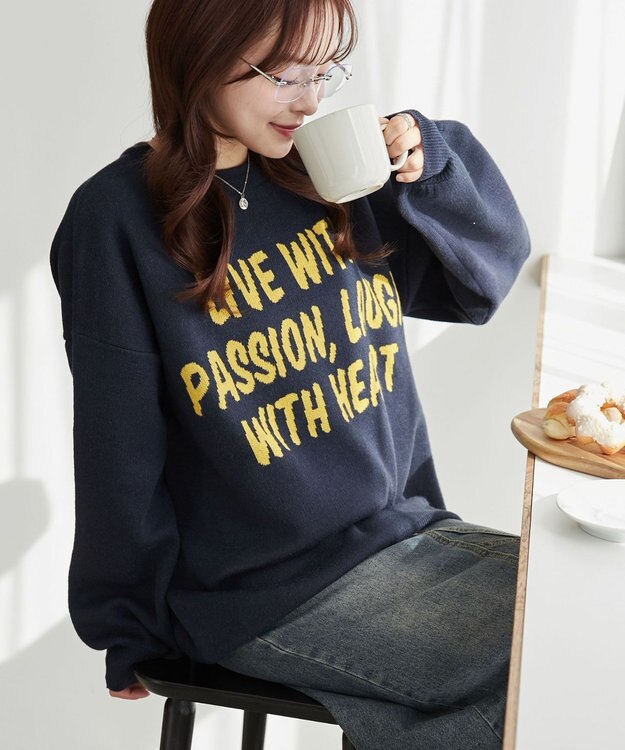 WEGO グラフィックBIGニットプルオーバー ネイビー