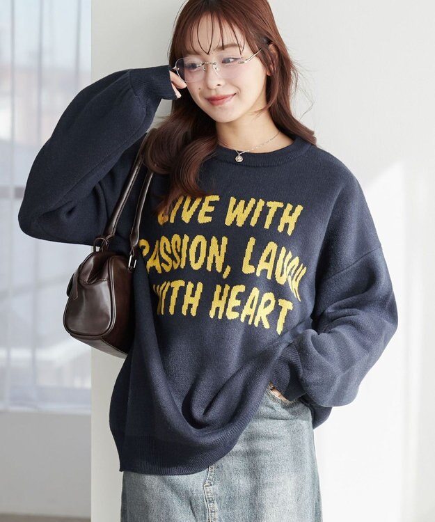 WEGO グラフィックBIGニットプルオーバー ネイビー