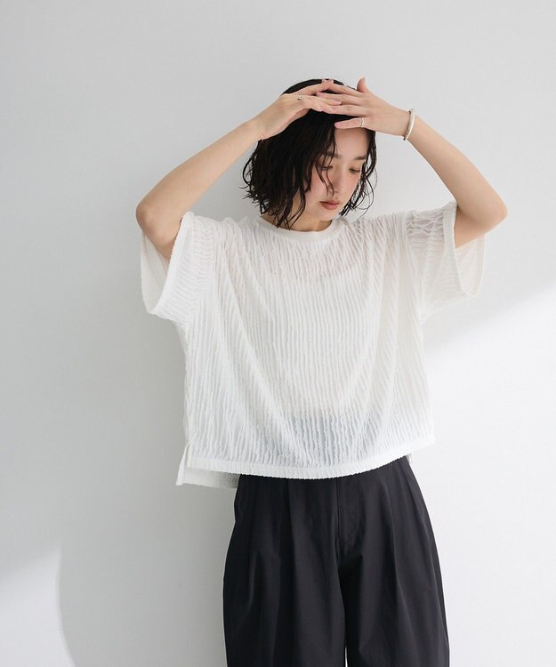 Green Parks ５分袖フリルカットプルオーバー Ecru