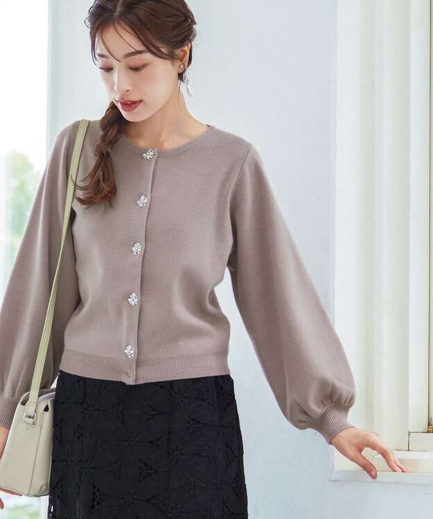 Tiaclasse 【洗える】ビジューニットカーディガン モカ