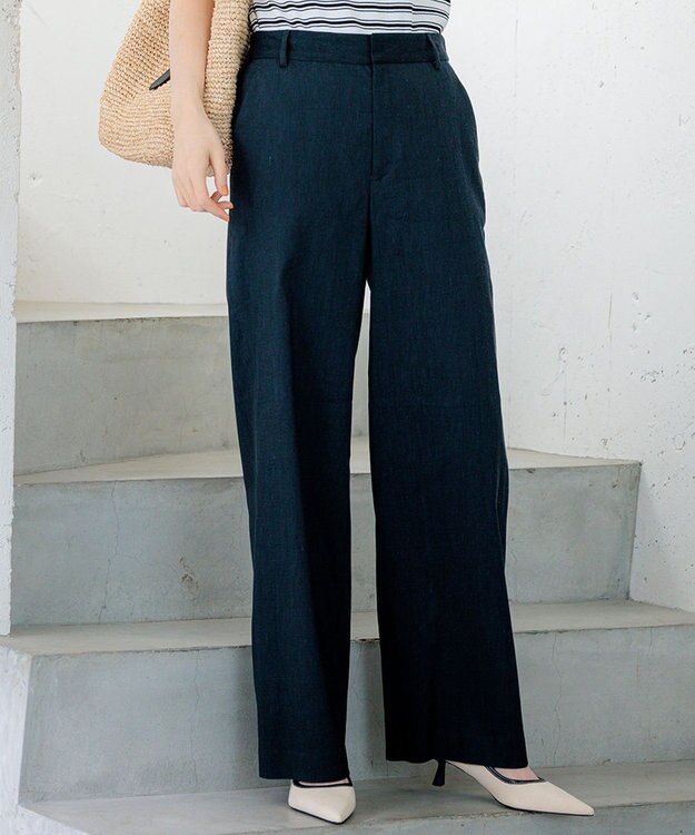 23区 L 【CLASSY.6月号掲載/洗える】リネンレーヨンストレッチ ワイドパンツ ネイビー系
