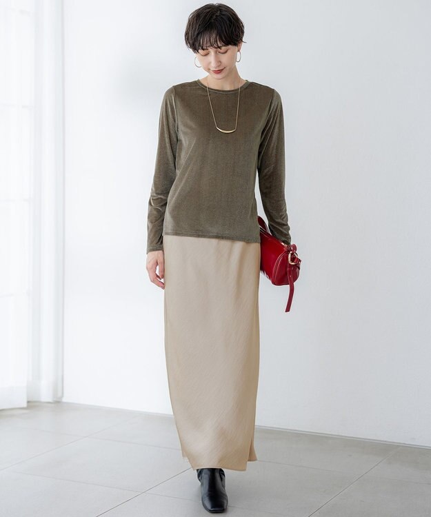 23区 【洗える】シアーベロア ロングスリーブ Tシャツ カーキ系