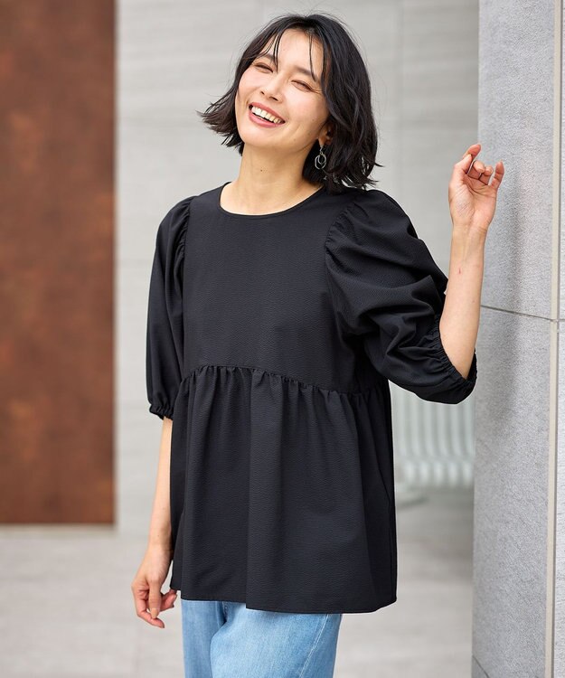 ANY 【WEB限定/洗濯機可】サッカーギャザーペプラムブラウス ブラック