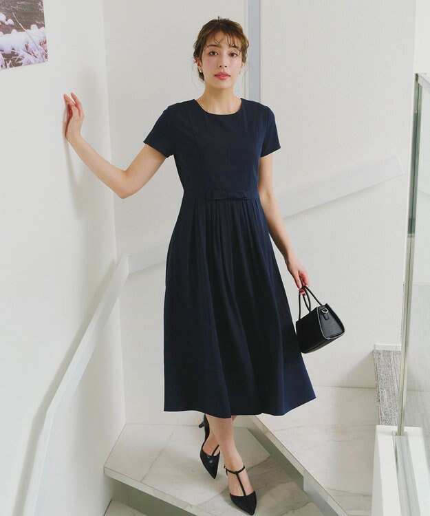 Tiaclasse 【洗える】半袖リボンギャザーフレアワンピース ネイビー