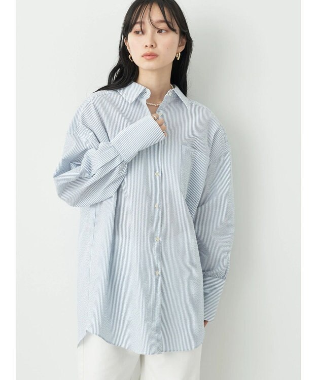 earth music&ecology サッカーストライプボーイズライクシャツ Blue