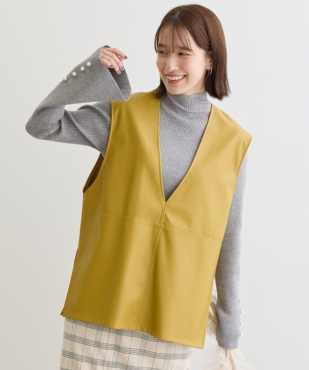 Green Parks フェイクレザーＶネックベスト Lime Green