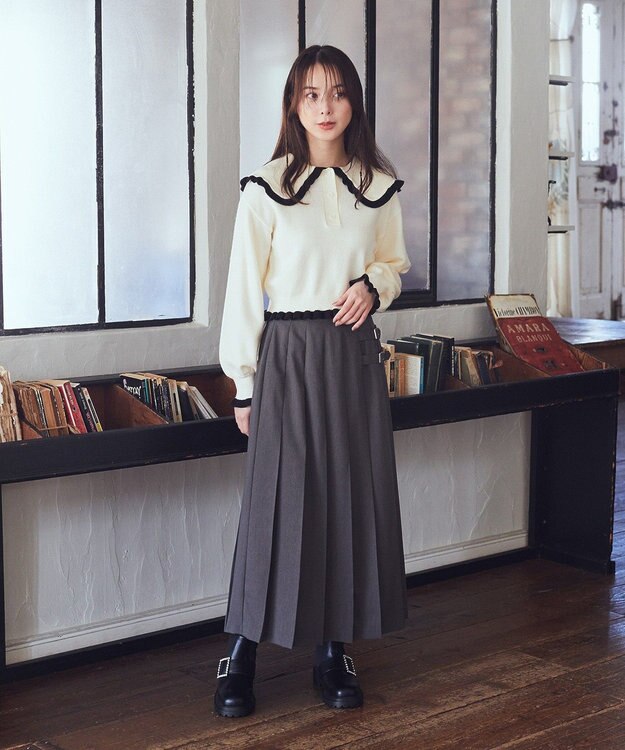 earth music&ecology 配色フリルカラーニットプルオーバー Ivory