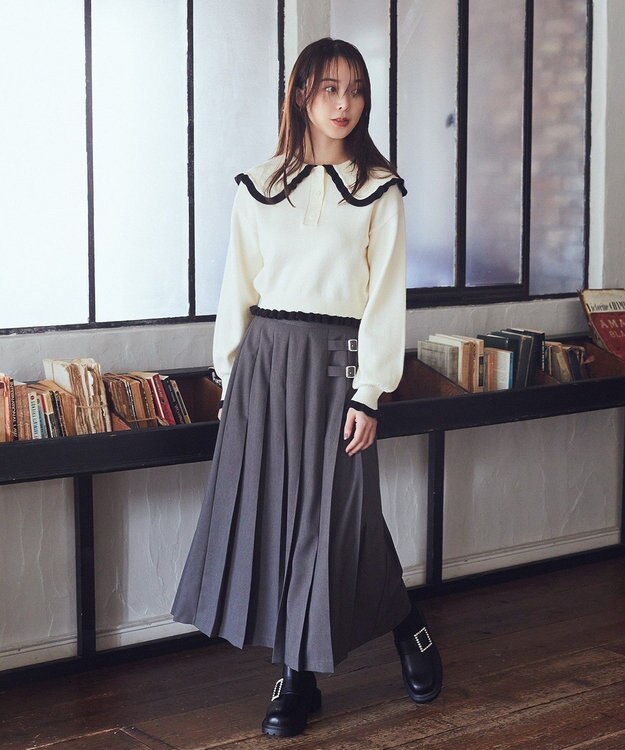 earth music&ecology 配色フリルカラーニットプルオーバー Ivory