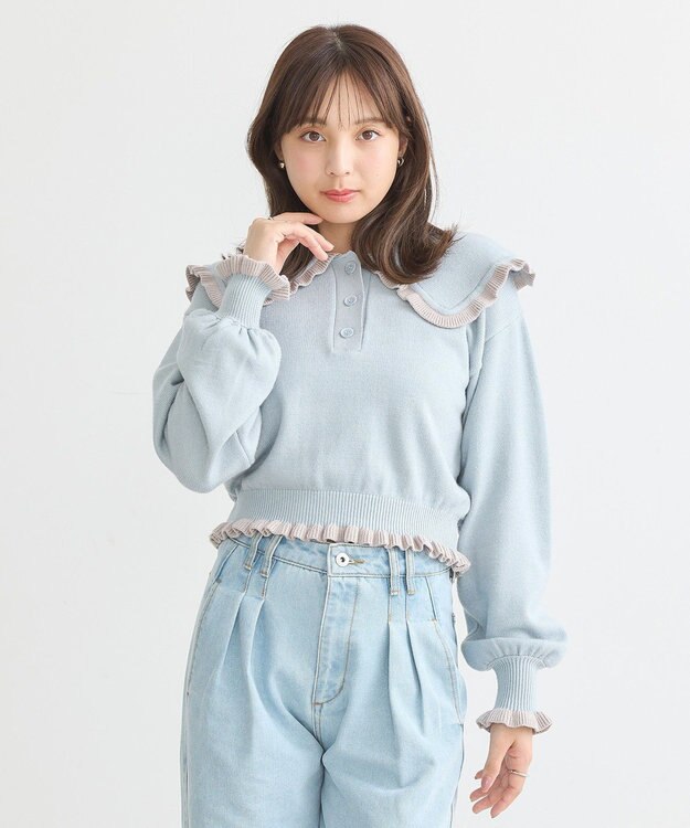 earth music&ecology 配色フリルカラーニットプルオーバー Blue