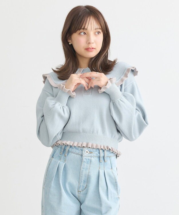 earth music&ecology 配色フリルカラーニットプルオーバー Blue