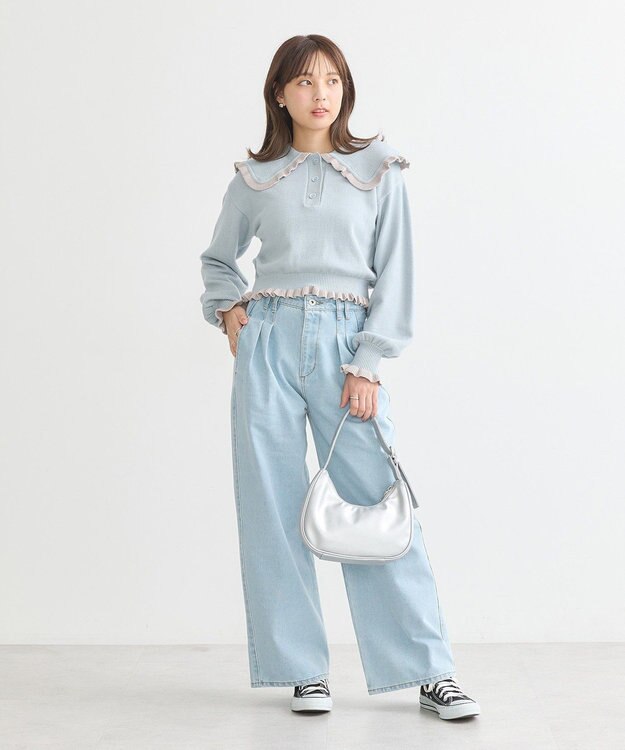 earth music&ecology 配色フリルカラーニットプルオーバー Blue