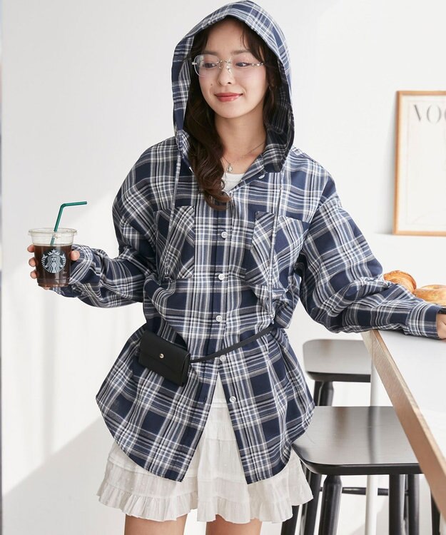 WEGO フードチェックBIGシャツ ネイビー