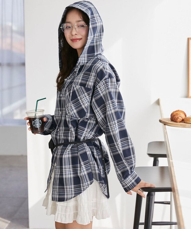 WEGO フードチェックBIGシャツ ネイビー