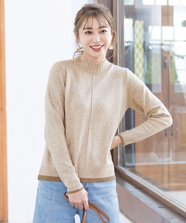 Tiaclasse L 【洗える】もっちり素材が肌触り抜群の配色ニットトップス ベージュ