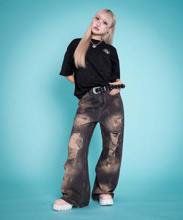 WEGO 【ユニセックス着用ITEM/MLサイズ展開】ラメグラフィックT（SS） ブラック