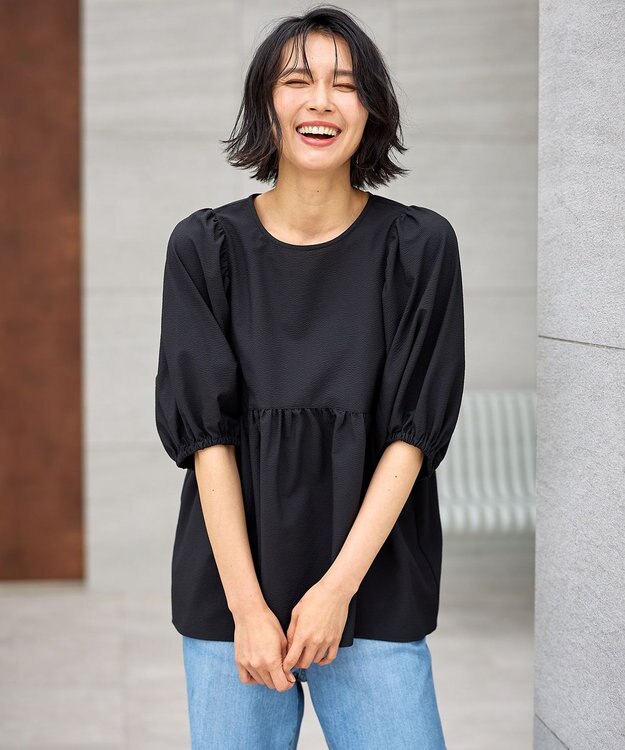 ANY 【WEB限定/洗濯機可】サッカーギャザーペプラムブラウス ブラック